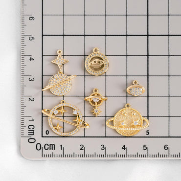4pcs CZ pave Gold Saturn Charms , Gold plated Brass Planet Pendants, DIY Earring Necklace Components (GB-1173)