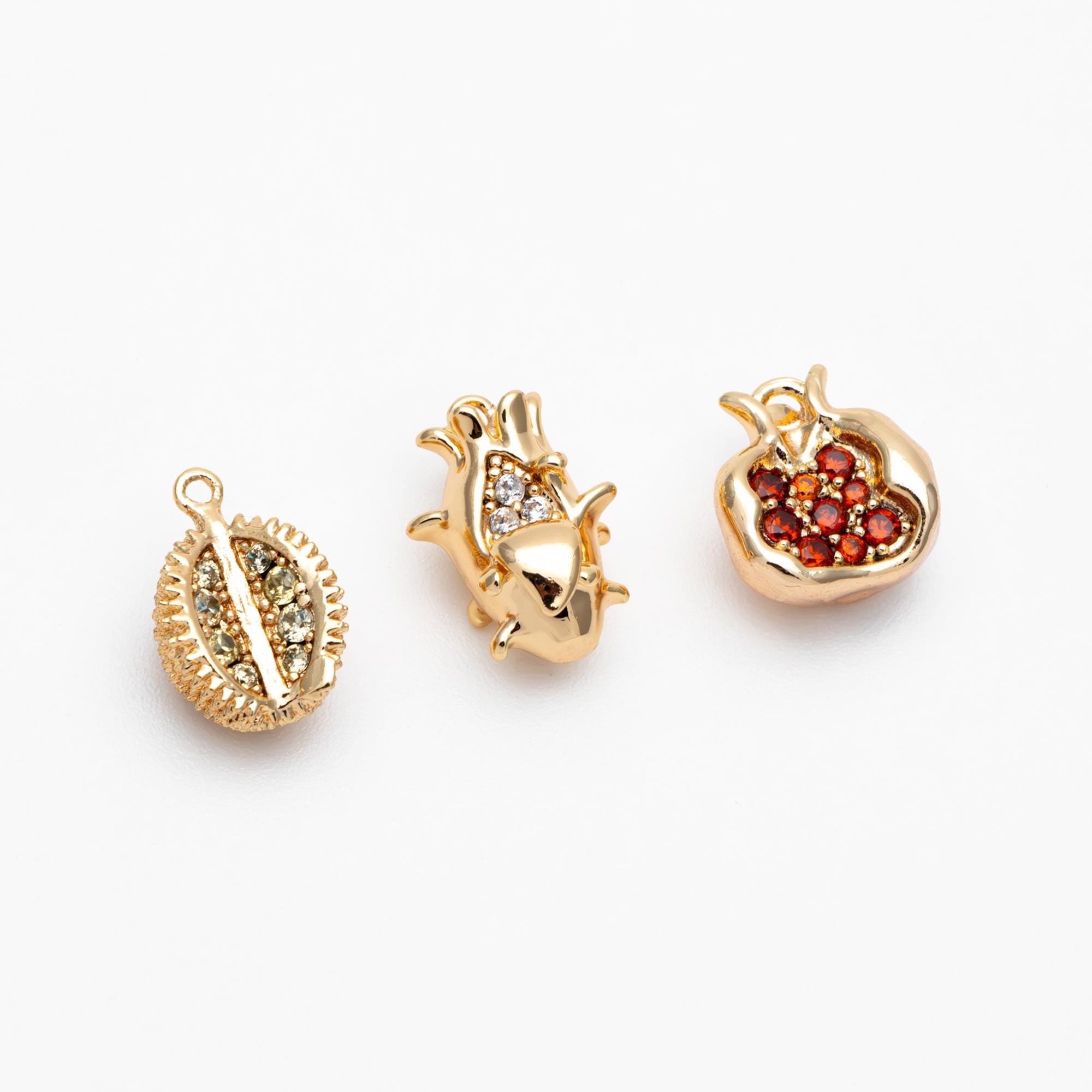 4pcs CZ pave Gold Durian/ Dragon Fruit/ Pomegranate Charms, Gold plated Brass, Dainty Fruit Charms (GB-4355)