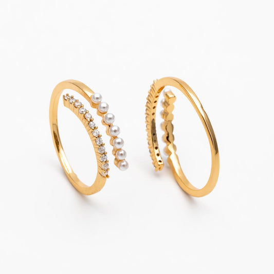 4pcs CZ Pave Finger Ring, Faux Pearl Ring, Gold/ Rhodium plated Brass, Gift for Her, Dainty Ring, Adjustable Ring (#JZ-016-A)