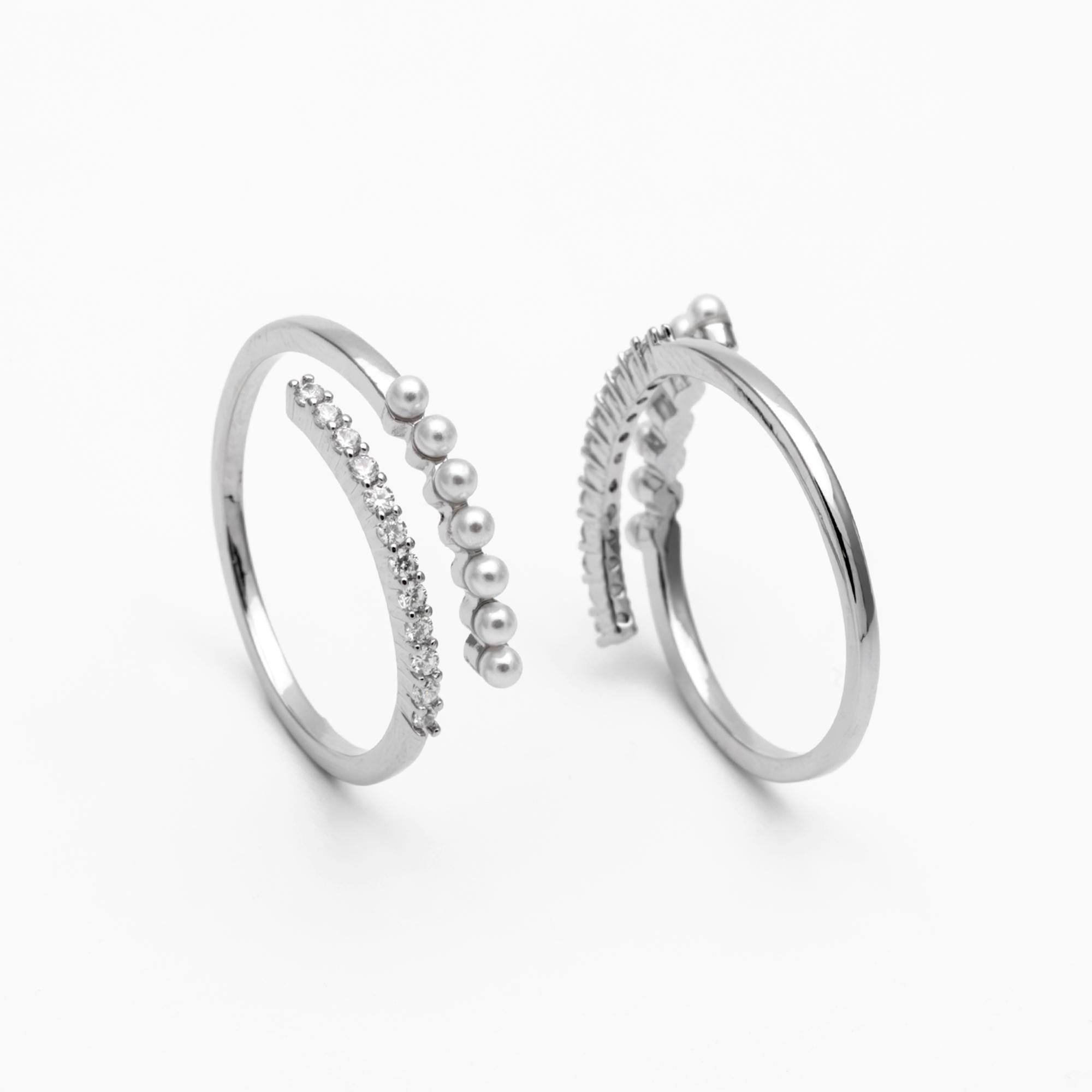 4pcs CZ Pave Finger Ring, Faux Pearl Ring, Gold/ Rhodium plated Brass, Gift for Her, Dainty Ring, Adjustable Ring (#JZ-016-A)