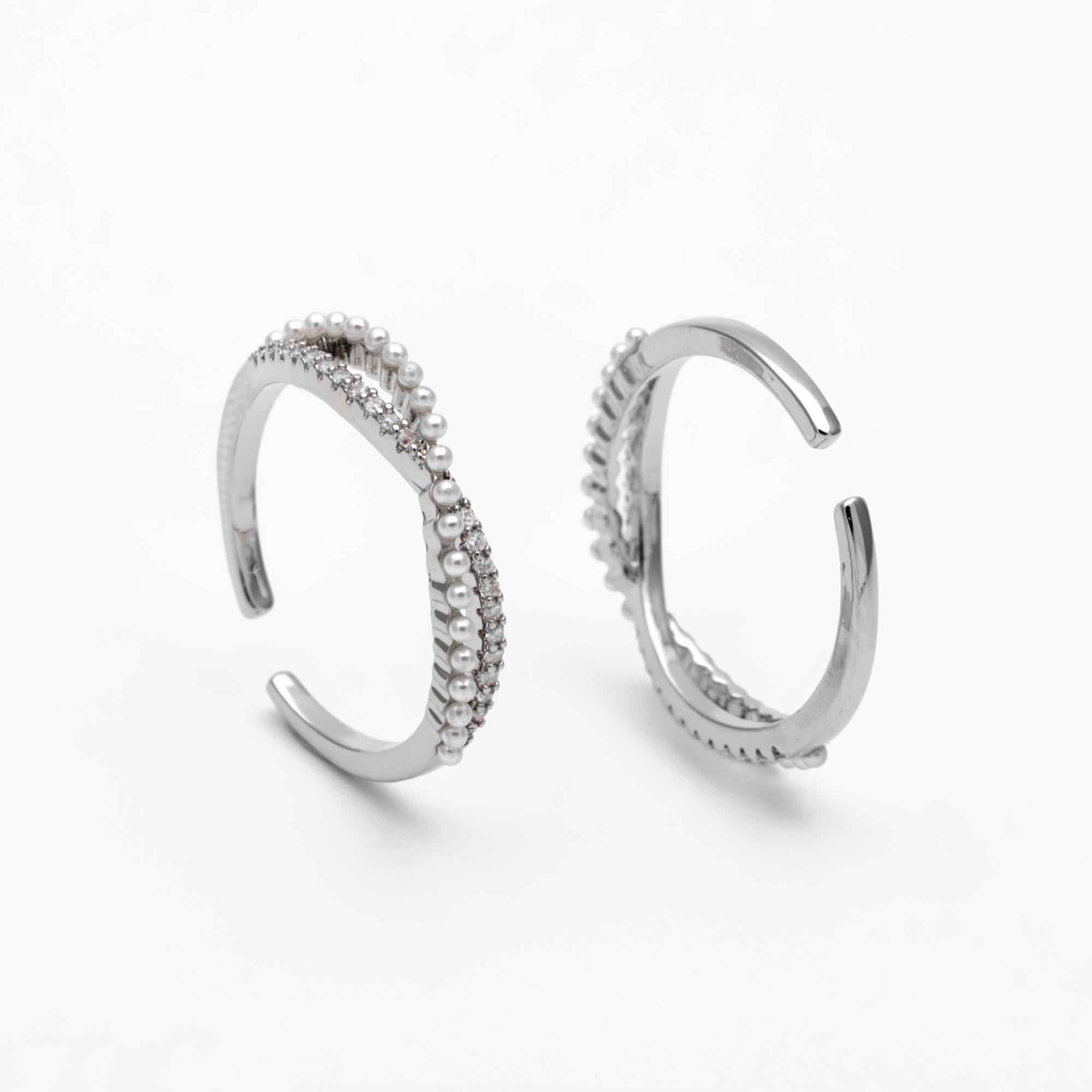 4pcs CZ Pave Finger Ring, Faux Pearl Ring, Gold/ Rhodium plated Brass, Gift for Her, Dainty Ring, Adjustable Ring (#GB-4657)