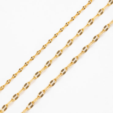 Gold Flat Cable Chains 1.6/ 2.1/ 2.3mm, 18K Gold plated Brass, Dainty Oval Linked Chains (#LK-163)/ 1 Meter=3.3 ft