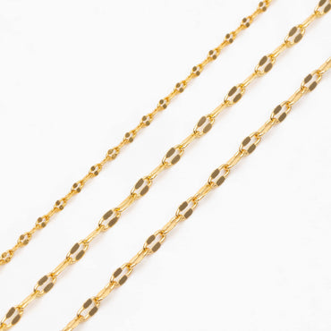 Gold Flat Cable Chains 1.6/ 2.1/ 2.3mm, 18K Gold plated Brass, Dainty Oval Linked Chains (#LK-163)/ 1 Meter=3.3 ft