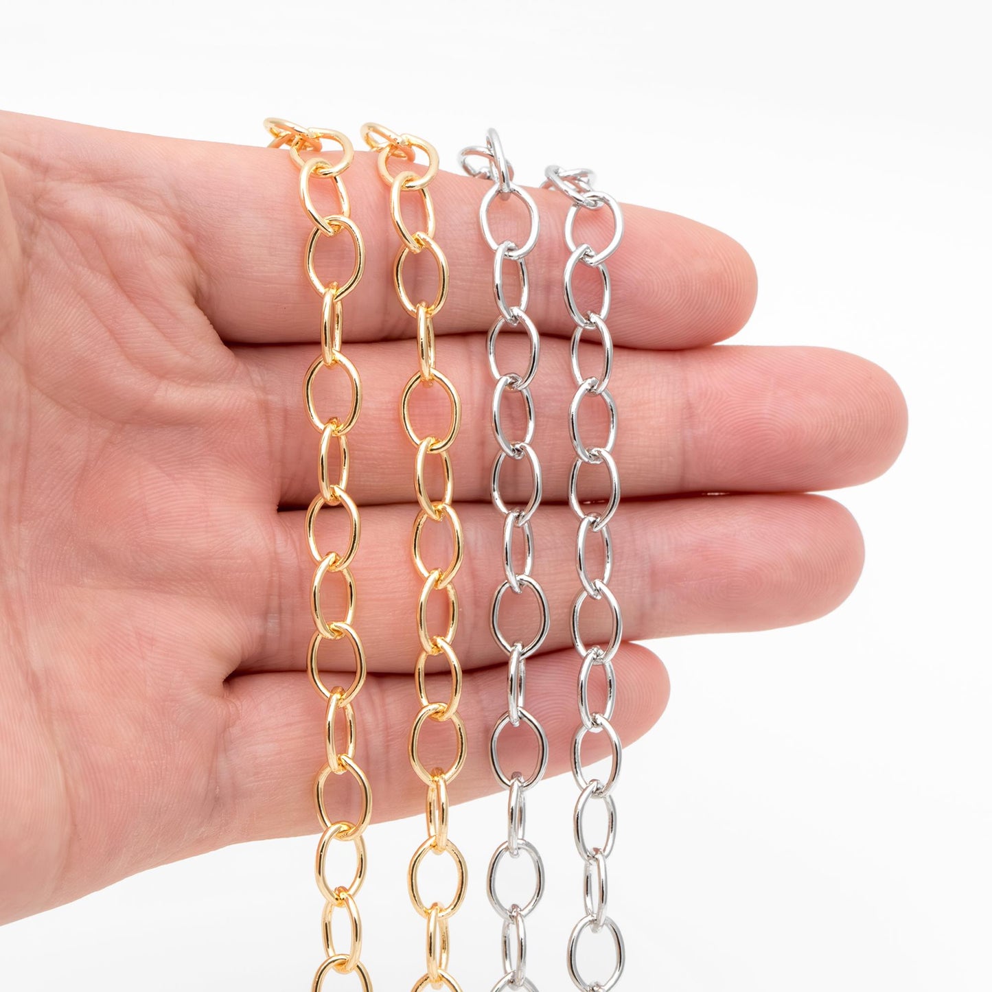 Gold/ Rhodium plated Brass Oval Chains, Link Size 6.3x9mm, Cable Chain Findings Wholesale (#LK-331)/ 1 Meter=3.3 ft