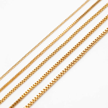 Gold plated Brass Box Chains, 0.7/ 0.8/ 0.9/ 1mm Thin, Color Not Easily Tarnish (#LK-166)/ 1 Meter=3.3 ft
