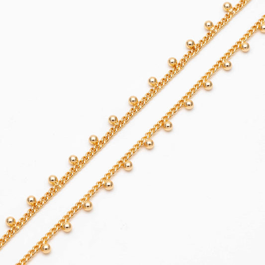 Gold/ Silver Curb Chain with Ball Charms, 18K Gold/ Rhodium plated Brass, Quality Chain for DIY Necklace Wholesale (#LK-253)/ 1 Meter=3.3ft