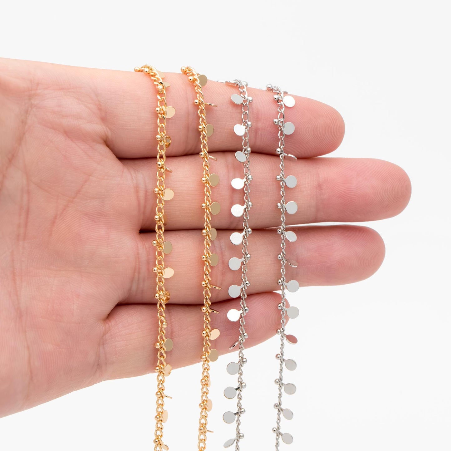 Gold/ Silver Tone Curb Chain with 3mm Round Disc Charms, Quality Chain for Necklace Wholesale (#LK-431)/ 1 Meter=3.3ft