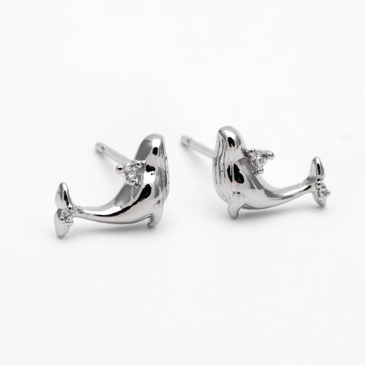 10pcs CZ Pave Gold/ Silver Tone Whale Earrings, 18K Real Gold/ Rhodium plated Brass, Cute Ocean Stud Earrings (GB-4460-G)