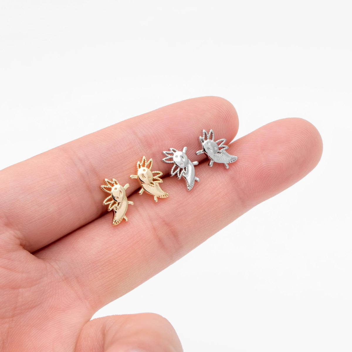 10pcs Gold/ Silver Tone Axolotl Earrings, 18K Real Gold/ Rhodium Plated Brass, Minimalist Animal Stud Earrings (GB-4460-M)