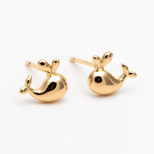 10pcs Gold/ Silver Tone Whale Earrings, 18K Real Gold/ Rhodium plated Brass, Cute Ocean Stud Earrings (GB-4651)