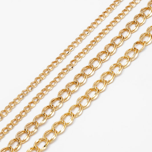 Gold plated Brass Curb Chains 5/ 8.8mm, Double Link Chain Findings Wholesale (#LK-325)/ 1 Meter=3.3 ft