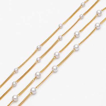 Gold Faux Pearl Beaded Chain, 18K Gold plated Brass Chain with Faux Pearl 3 / 4mm (LK-159) / 1 meter= 3.3ft