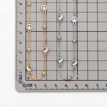 Gold/ Silver Tone Beaded Chains, 6mm Round Coin CZ Links, Gold/ Rhodium plated Brass, Lead Nickel Free (#LK-338)/ 1 Meter=3.3 ft