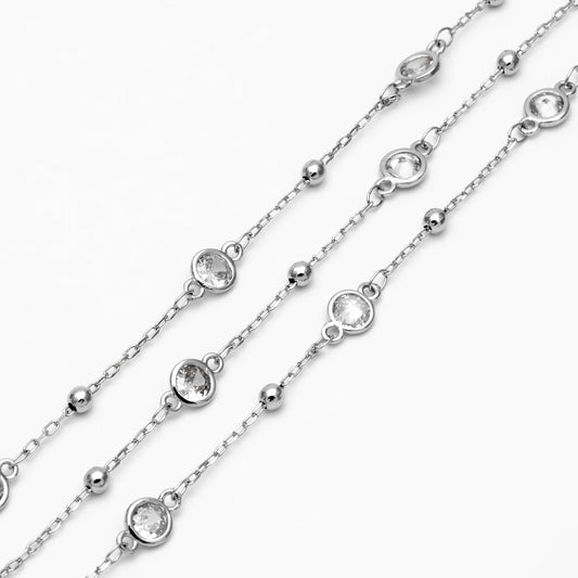 Gold/ Silver Tone Beaded Chains, 6mm Round Coin CZ Links, Gold/ Rhodium plated Brass, Lead Nickel Free (#LK-338)/ 1 Meter=3.3 ft