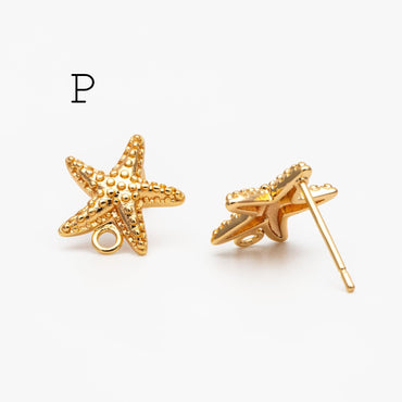 10pcs Gold Starfish Earring with Loop, Real Gold Plated Brass Star Stud Earrings (#GB-2189)