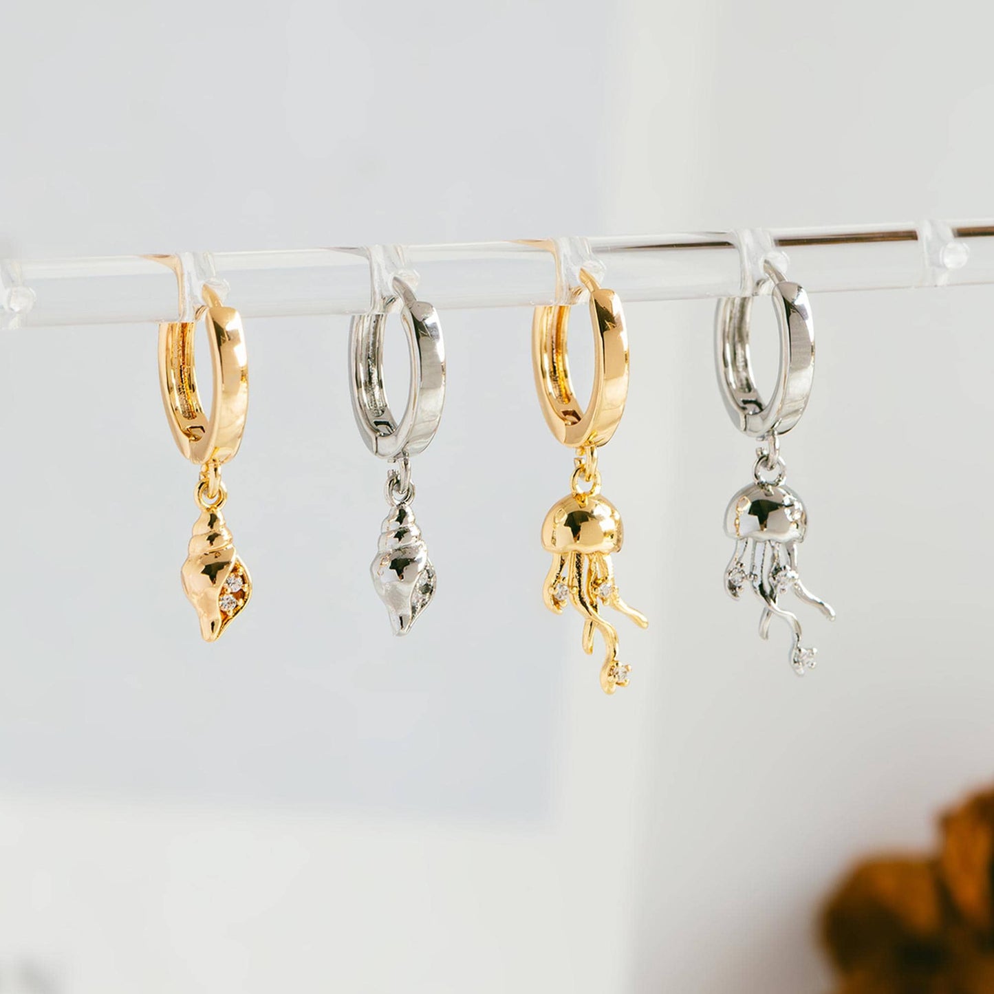 4pcs CZ Pave Gold/ Silver Tone Conch/ Jellyfish Charms, 18K Gold/ Rhodium plated Brass, Dainty Beach Jewelry (GB-4643)