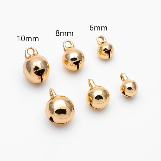 10pcs Gold/ Silver Tone Jingle Bell Charms, 6/ 8/ 10mm, Real Gold/ Rhodium plated Brass, Round Cat Bell Charms Can Ring (GB-192)