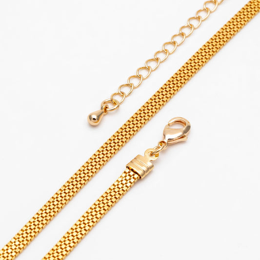 Gold plated Brass Flat Box Chain 3mm by 1mm, Adjustable Bracelet/ Anklet/ Necklace (#LK-424)