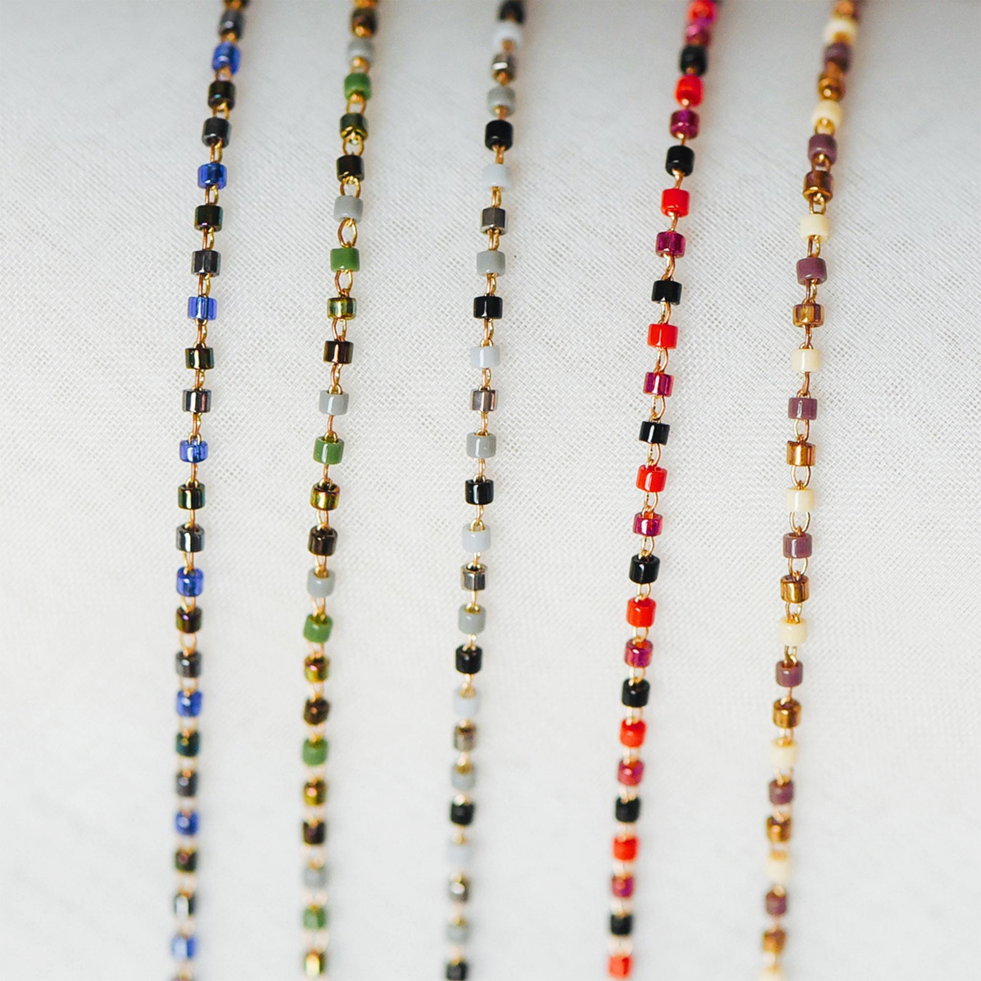Dainty Miyuki Seed Glass Bead Chain 1.8mm, Unplated Brass Beaded Tiny Chain, Multi Colors Mix (#LK-052)/ 1 Meter=3.3ft