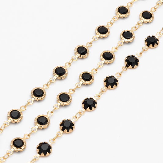 Gold plated Brass Crystal Beaded Chains, Link Chains with 7mm Flat Coin Beads, Color Not Easily Tarnish (#LK-183)/ 1 Meter=3.3 ft