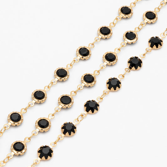 Gold plated Brass Crystal Beaded Chains, Link Chains with 7mm Flat Coin Beads, Color Not Easily Tarnish (#LK-183)/ 1 Meter=3.3 ft