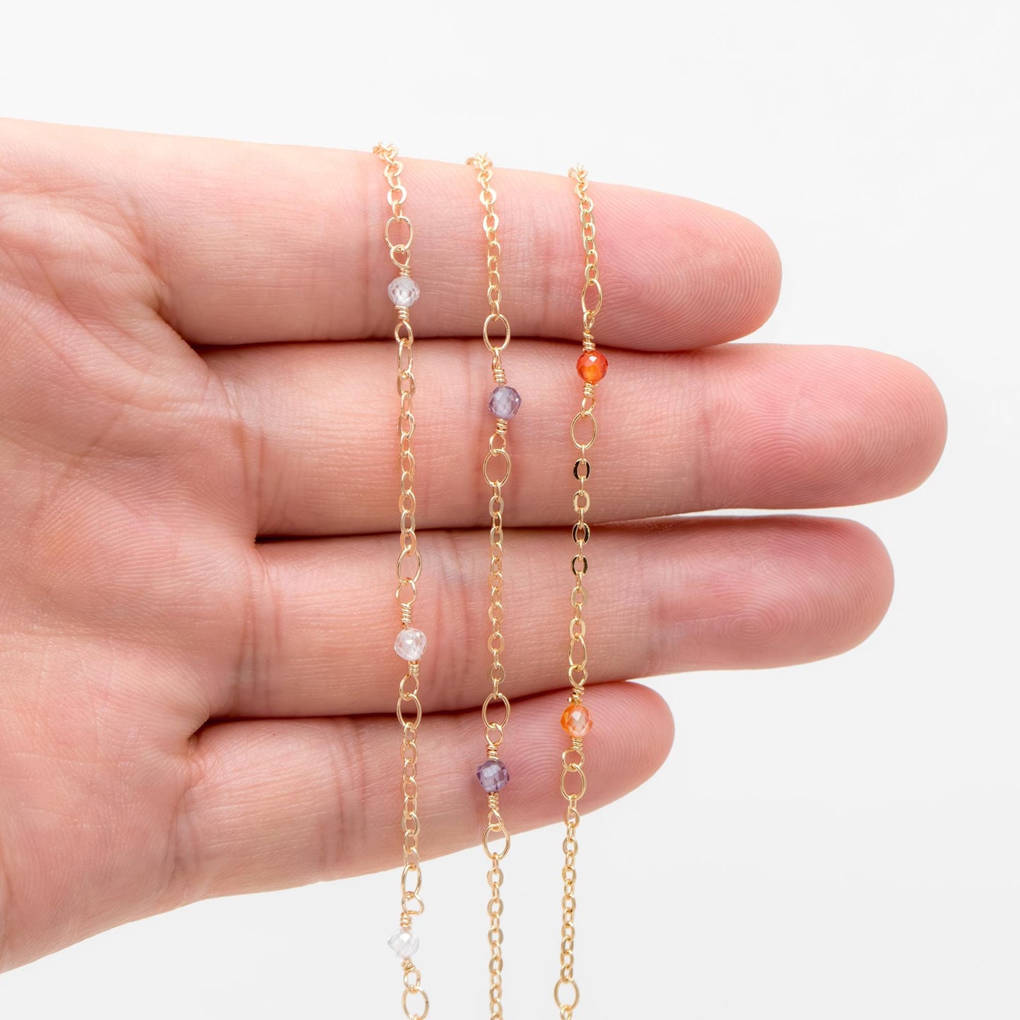 Gemstone Beaded Chain, 18K Gold plated Brass, 1.7mm Cable Chain with 3mm Quartz Beads (#LK-379)/ 1 Meter=3.3ft