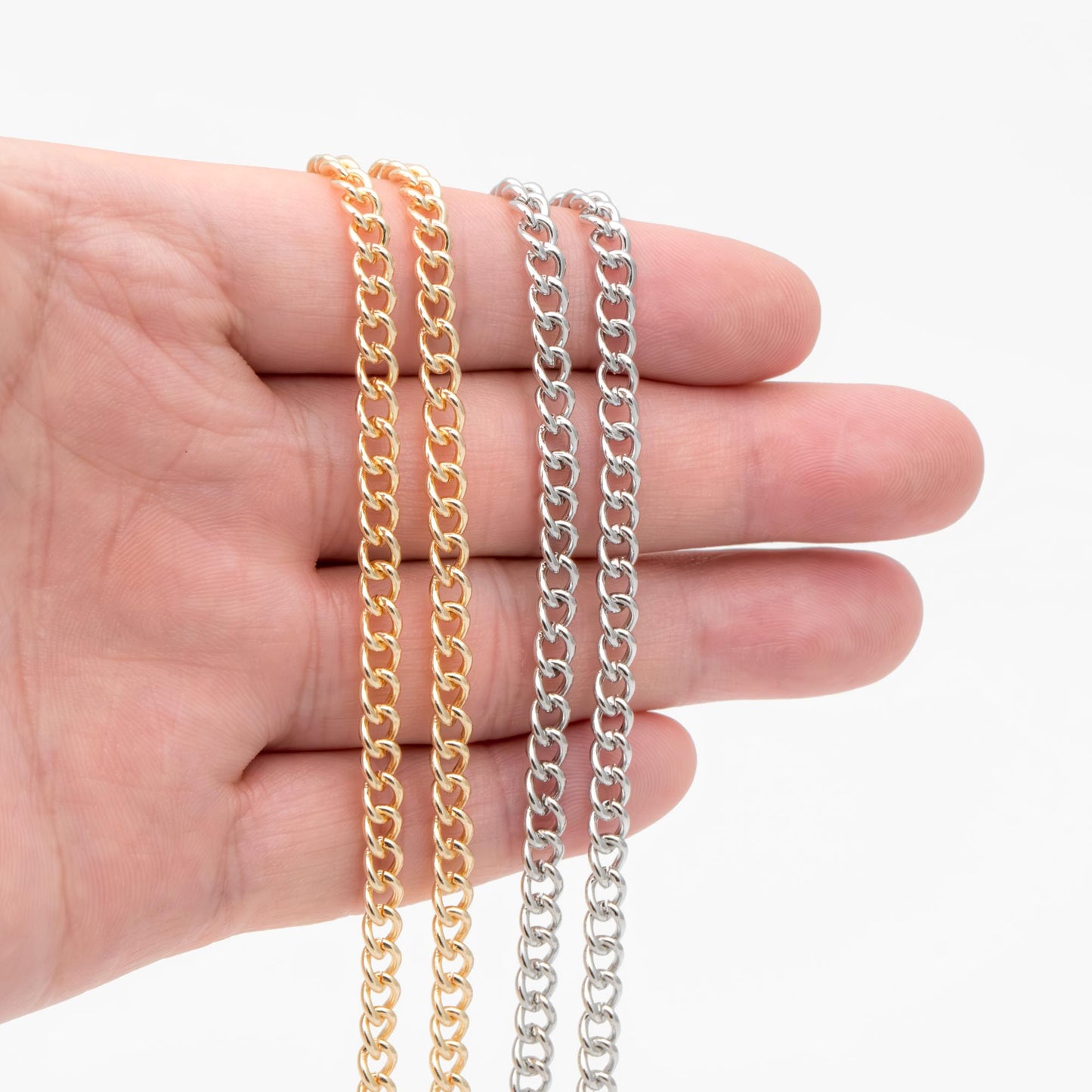 Gold/ Silver Tone Curb Chains 1.3/ 1.6/ 2.5/ 4mm, 18K Gold/ Rhodium plated Brass (#LK-249)/ 1 Meter=3.3 ft