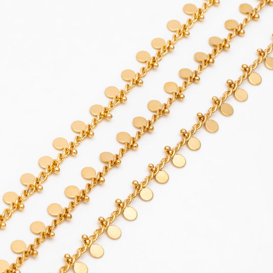 Gold/ Silver Tone Curb Chain with 3mm Round Disc Charms, Quality Chain for Necklace Wholesale (#LK-431)/ 1 Meter=3.3ft