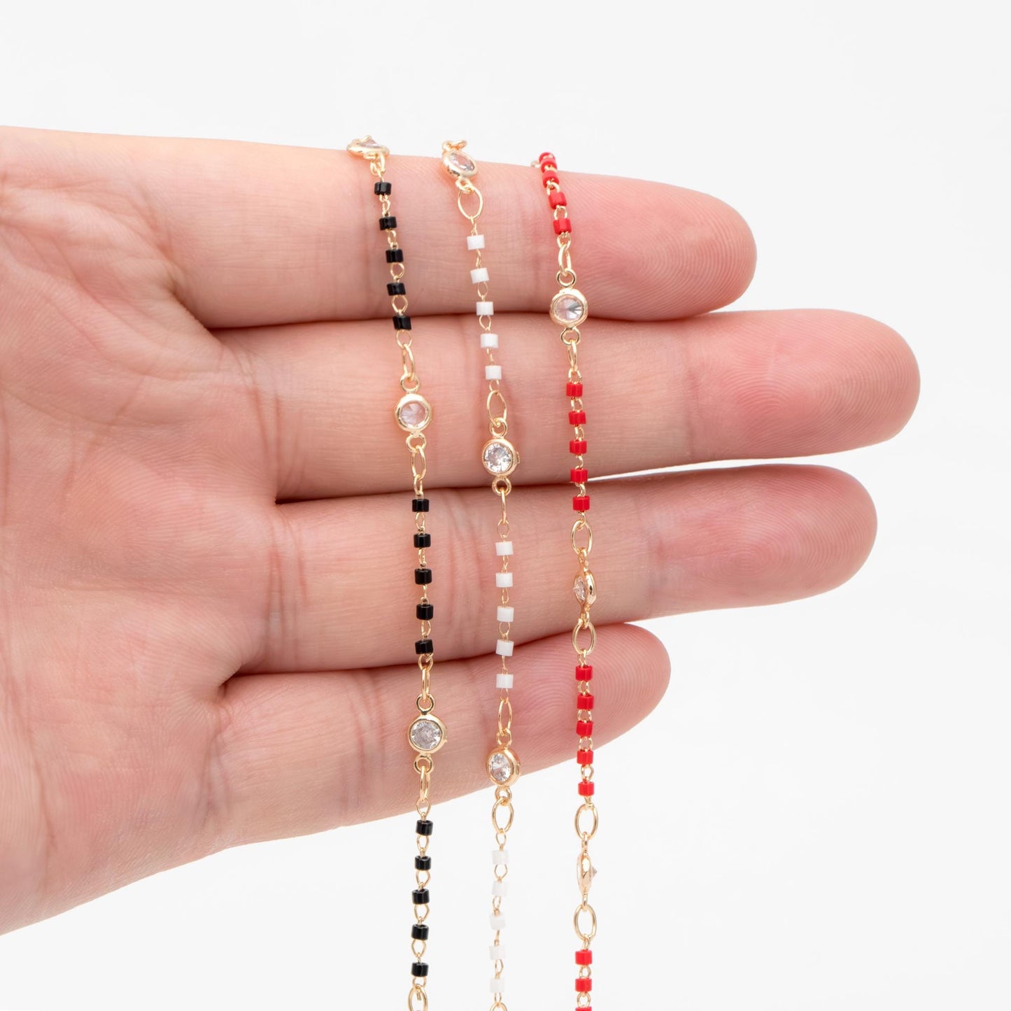 Miyuki Seed Bead Chain, Dainty Gold Beaded Chains, 4mm Round Coin CZ Links (#LK-437)/ 1 Meter=3.3 ft