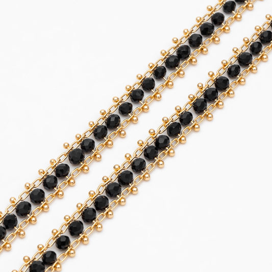 Gold plated Brass Beaded Chain 7mm, Designer Chain with Crystal Glass Rondelle Beads (#LK-171)/ 1 Meter=3.3ft
