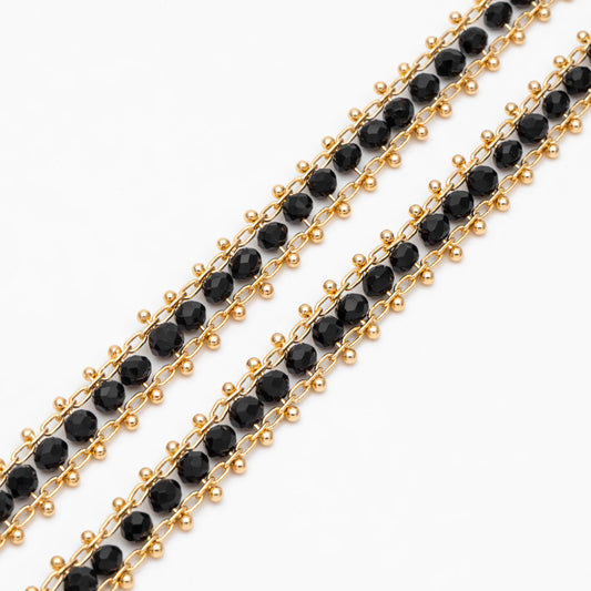 Gold plated Brass Beaded Chain 7mm, Designer Chain with Crystal Glass Rondelle Beads (#LK-171)/ 1 Meter=3.3ft