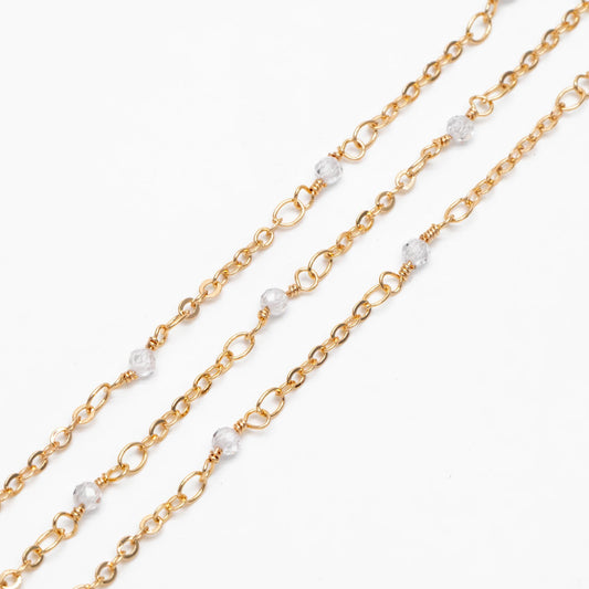 Gemstone Beaded Chain, 18K Gold plated Brass, 1.7mm Cable Chain with 3mm Quartz Beads (#LK-379)/ 1 Meter=3.3ft