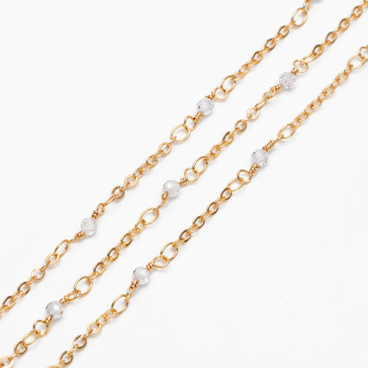 Gemstone Beaded Chain, 18K Gold plated Brass, 1.7mm Cable Chain with 3mm Quartz Beads (#LK-379)/ 1 Meter=3.3ft