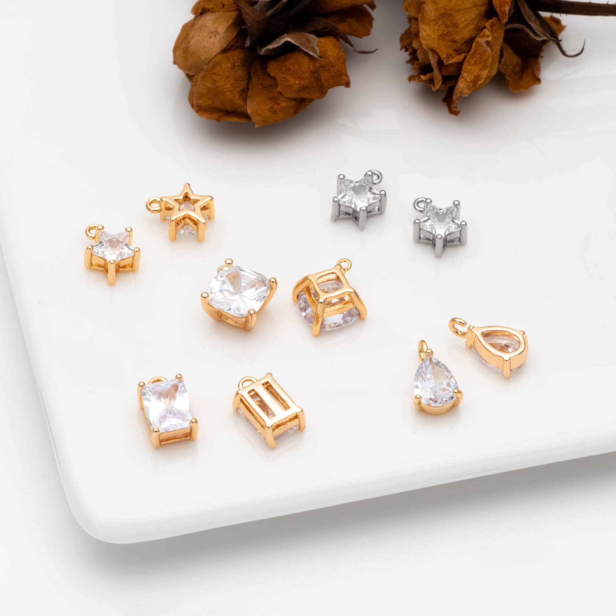 10pcs CZ pave Gold/ Silver Tone Star/ Teardrop/ Rectangle/ Rhombus Charms, Gold Plated Brass Geometric Pendants (GB-1151)