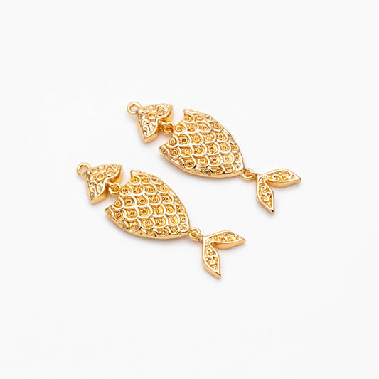 4pcs Gold/ Silver Tone Fish Charms, Gold/ Rhodium Plated Brass, Fish Pendants (GB-2936-C)