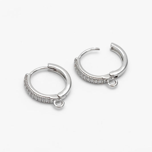 4pcs CZ Pave Hoop Earrings, Round Leverback Ear Hooks, 18K Gold/ Rhodium plated Brass, Earring Component Findings (GB-3217)