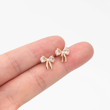 4pcs CZ Pave Gold/ Silver Bowknot Earrings, 18K Real Gold/ Rhodium plated Brass, Bow Knot Stud Earring (GB-139-F)
