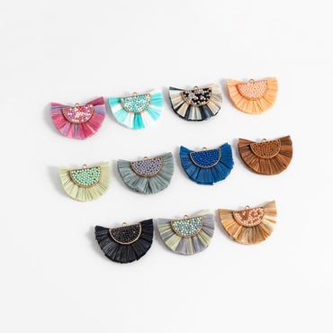4pcs Fan Tassel Pendants 44x34mm, Beaded Raffia Tassel Charms for Earrings (FB-017)