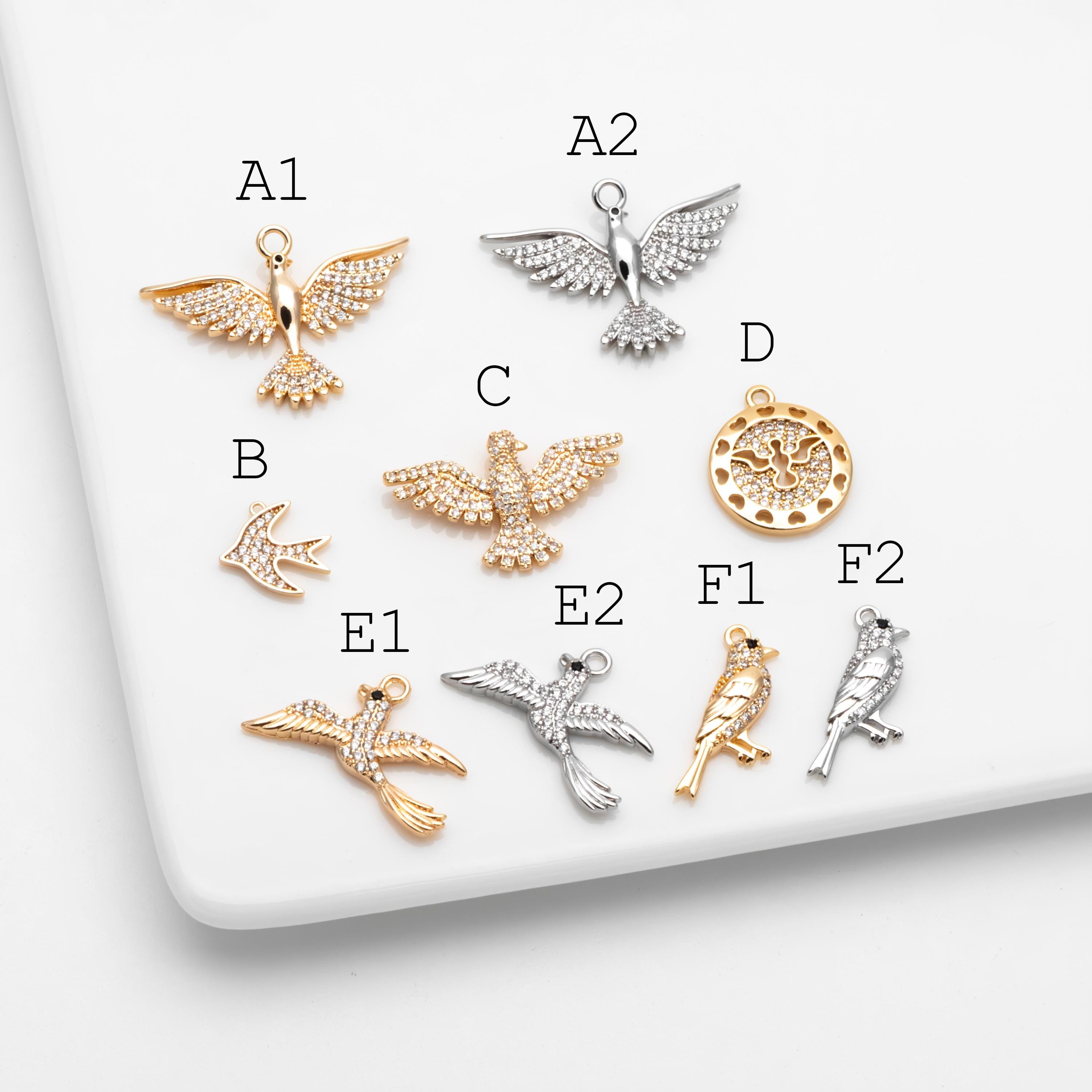 4pcs CZ Pave Gold/ Silver Tone Bird Charms, Real Gold/ Rhodium plated Brass Bird Pendant (GB-1480)
