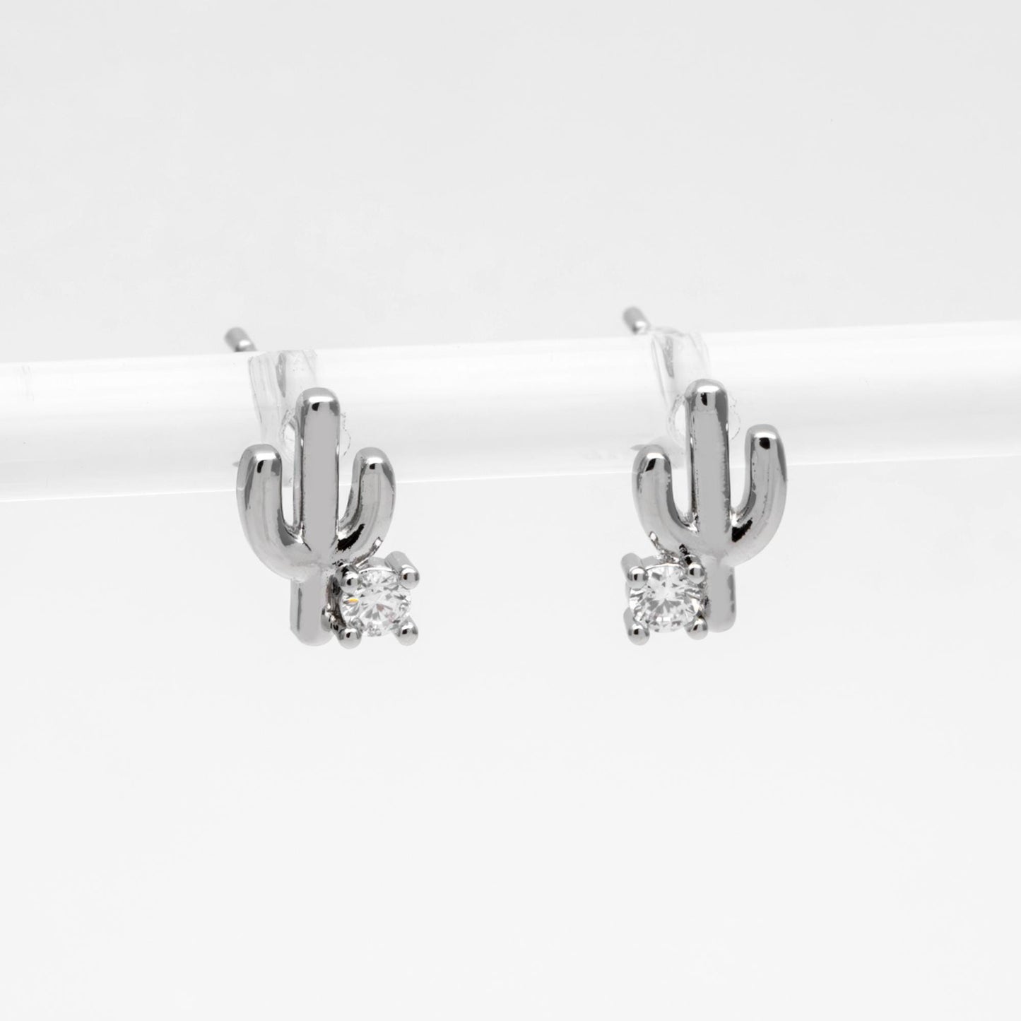 10pcs CZ Pave Gold/ Silver Cactus Stud Earrings, 18K Gold/ Rhodium plated Brass, Minimalist Stud Earring (GB-4676)