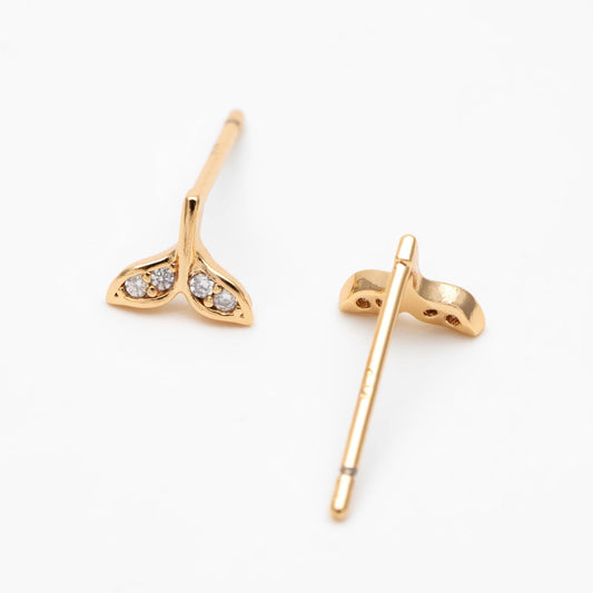 10pcs CZ pave Gold/ Silver Whale Tail Earrings, Real Gold/ Rhodium Plated Brass, Fish Tail Stud Earrings (#GB-4677)