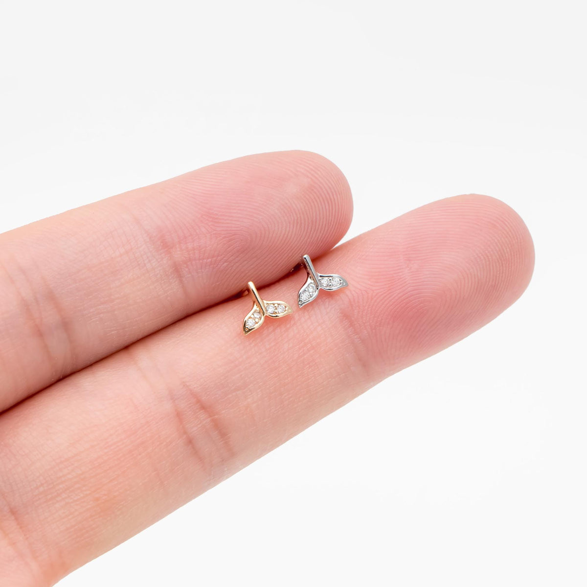 10pcs CZ pave Gold/ Silver Whale Tail Earrings, Real Gold/ Rhodium Plated Brass, Fish Tail Stud Earrings (#GB-4677)