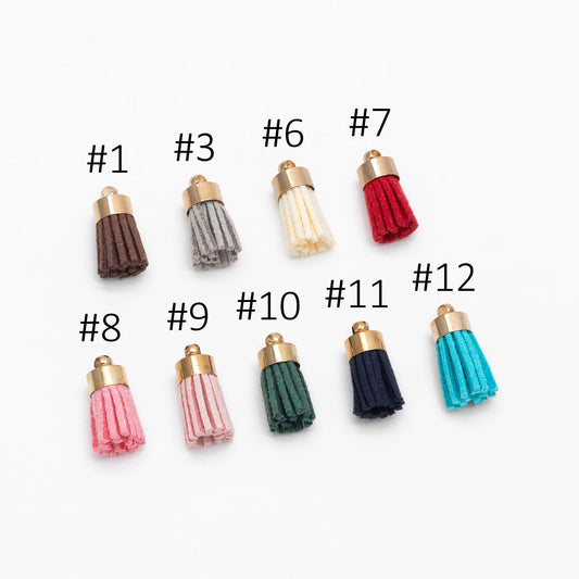 10pcs Mini Suede Tassel with Gold Top Caps, Small Leather Tassel Charm Pendants 17x7mm, Available in 11 Colors (FB-004)