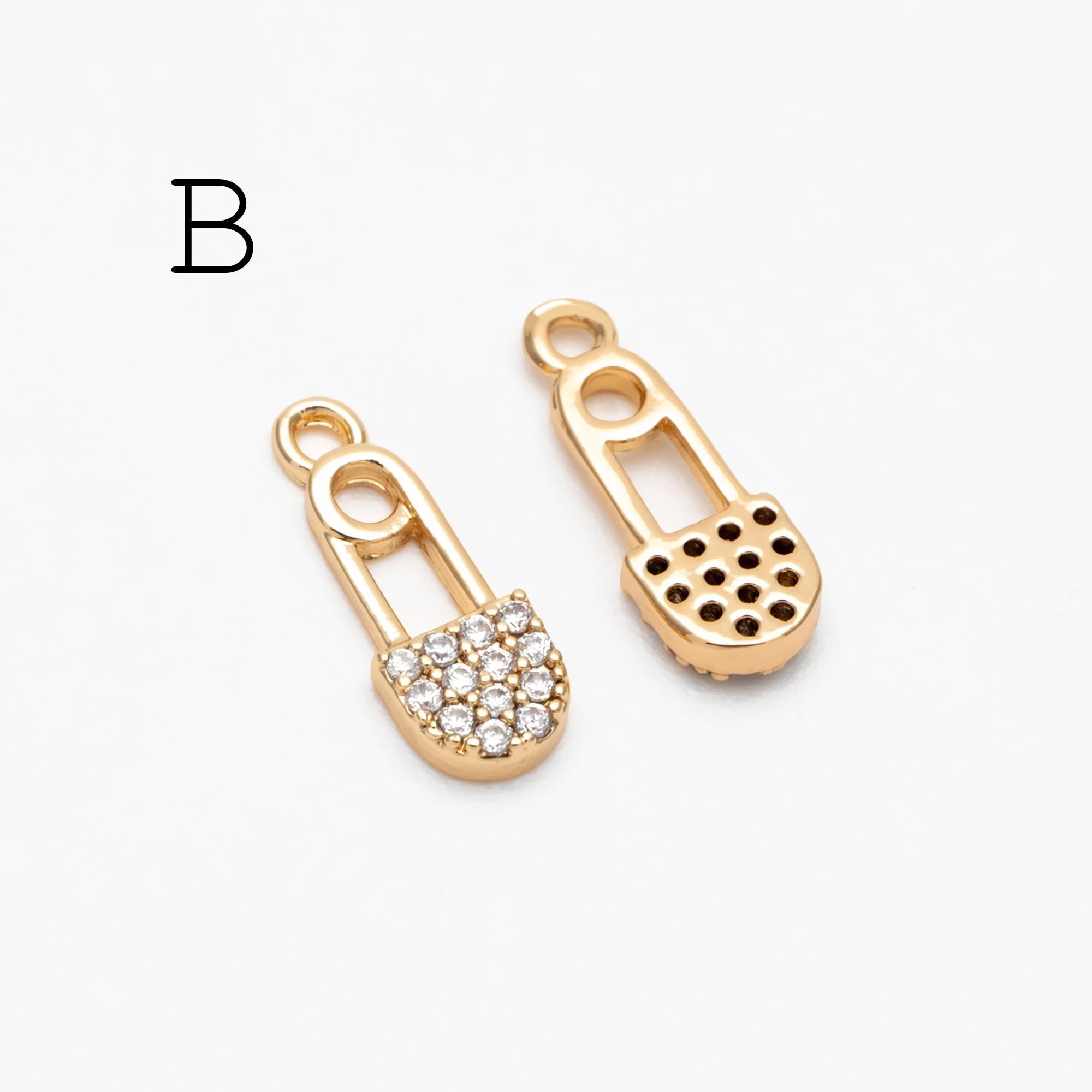 4pcs CZ Pave Safety Pin Charm Connectors , Gold Plated Brass Safety Pin Charm Pendants (GB-1827)