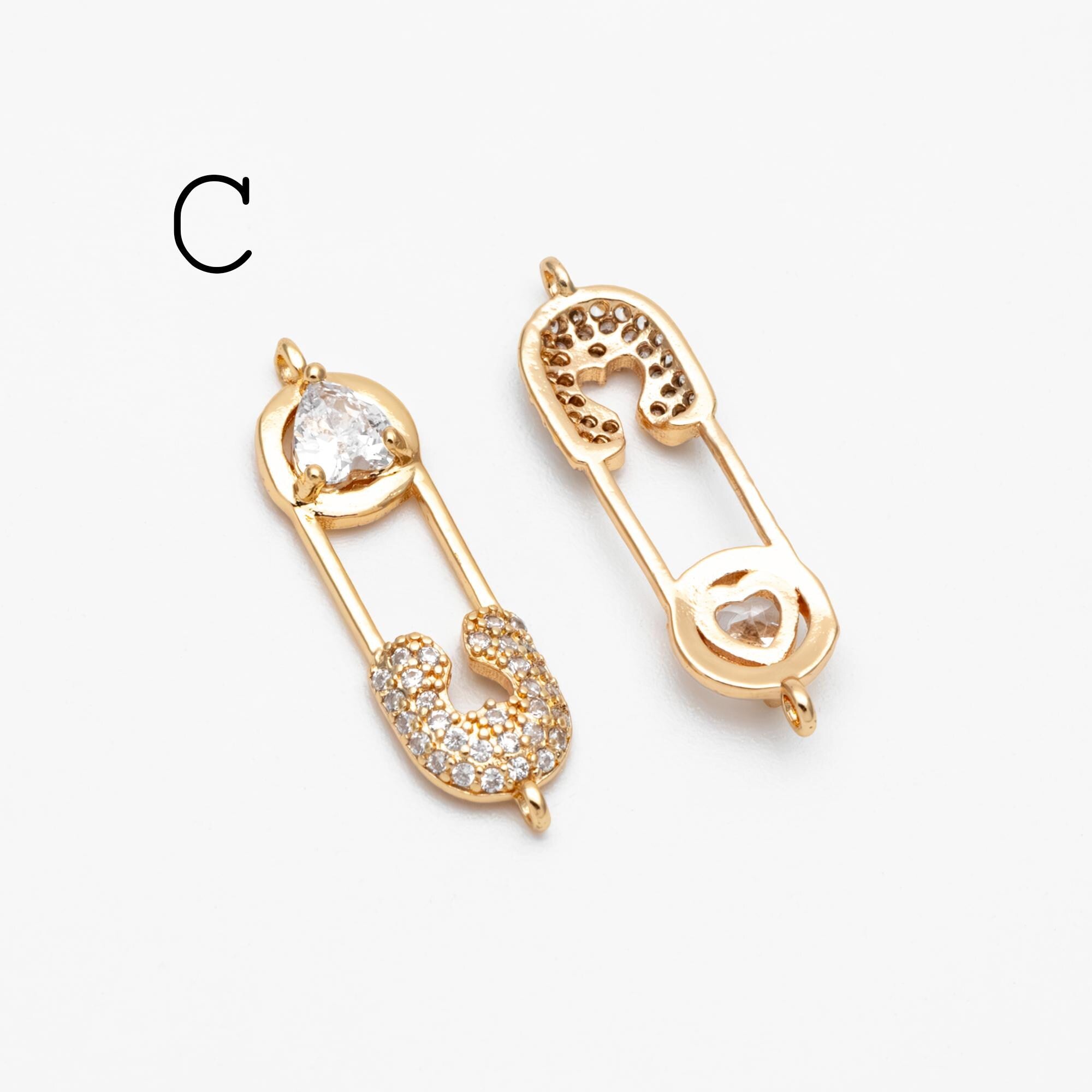 4pcs CZ Pave Safety Pin Charm Connectors , Gold Plated Brass Safety Pin Charm Pendants (GB-1827)