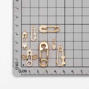 4pcs CZ Pave Safety Pin Charm Connectors , Gold Plated Brass Safety Pin Charm Pendants (GB-1827)