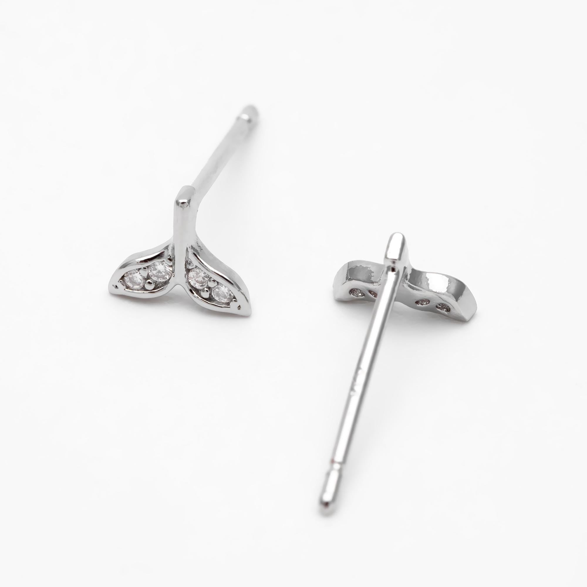 10pcs CZ pave Gold/ Silver Whale Tail Earrings, Real Gold/ Rhodium Plated Brass, Fish Tail Stud Earrings (#GB-4677)