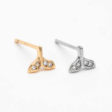 10pcs CZ pave Gold/ Silver Whale Tail Earrings, Real Gold/ Rhodium Plated Brass, Fish Tail Stud Earrings (#GB-4677)