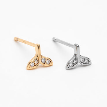 10pcs CZ pave Gold/ Silver Whale Tail Earrings, Real Gold/ Rhodium Plated Brass, Fish Tail Stud Earrings (#GB-4677)