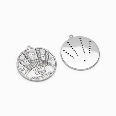 4pcs CZ Pave Gold/ Silver Tone Talisman Charm 20mm, Real Gold/ Rhodium plated Brass, Round Coin Disk Pendants (GB-1766-H)